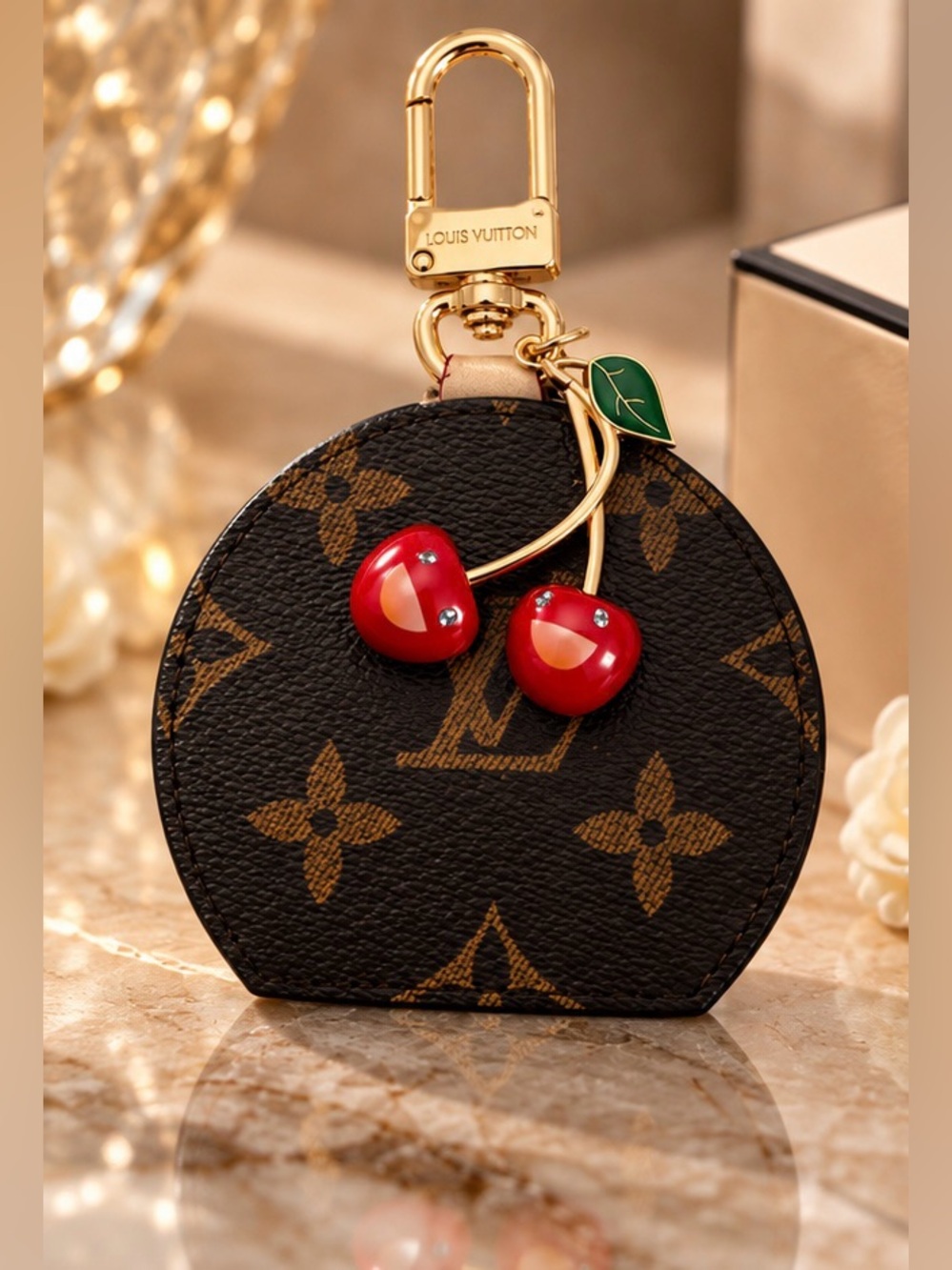 Cherry Bag Charm Keychain Brown Monogram Style Purse Pendant Gold Tone